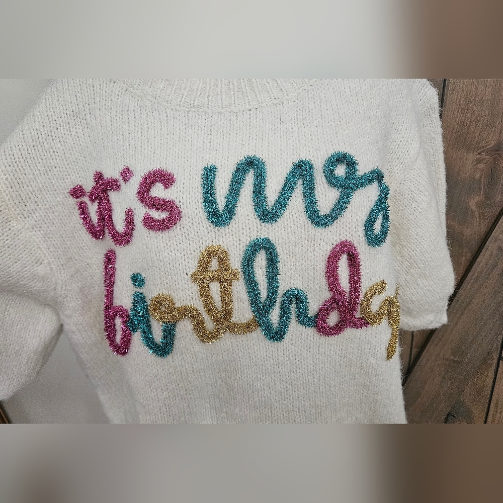 BIBI "It's My Birthday" Sweater Top Tinsel In Ivory/pink/green. Size Small - Picture 8 of 14